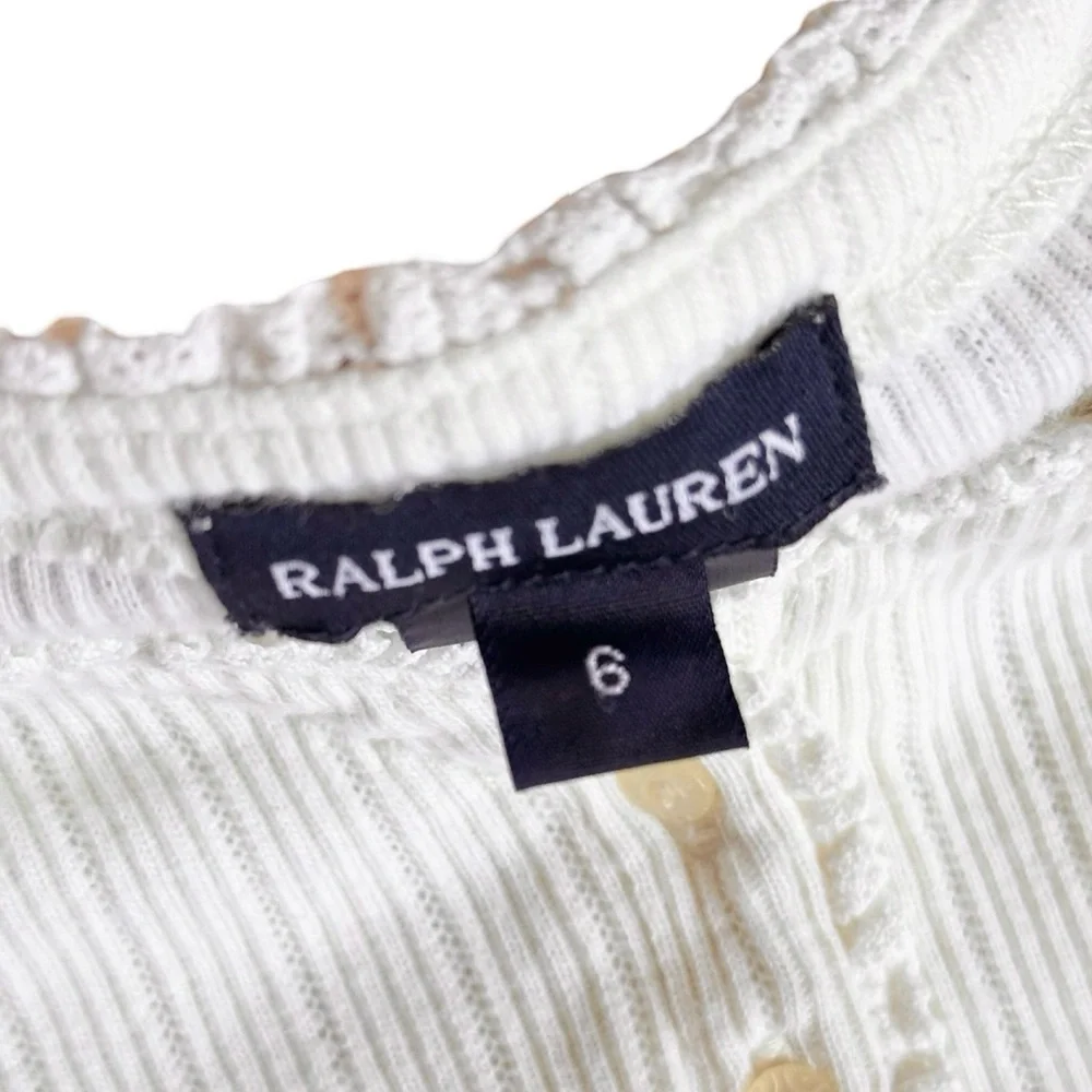 Ralph Lauren Size 6 Girls Cotton White Minimalist Lettuce Trim Henley Shirt
